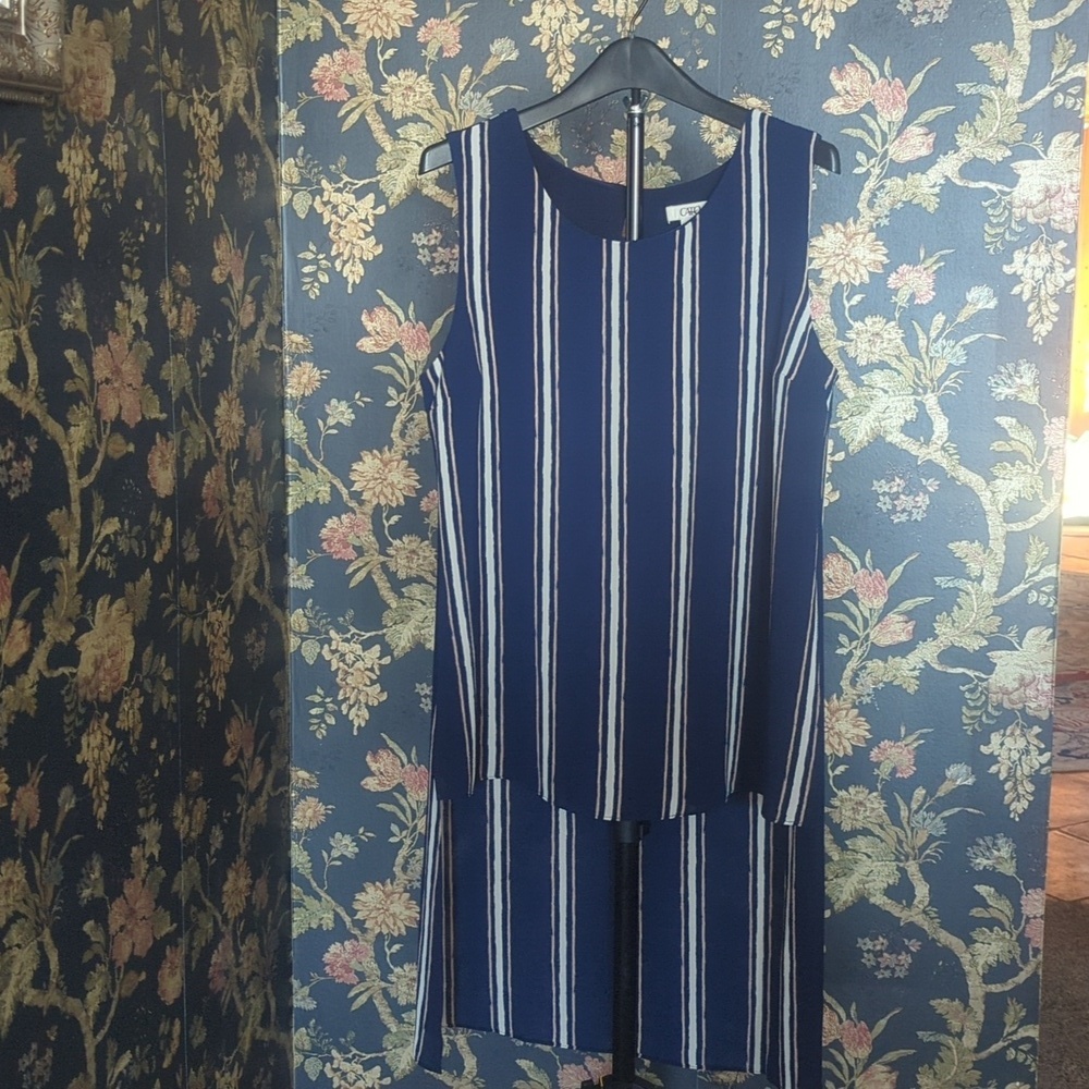 Cato High Low Tunic Top Navy and White Sleeveless Lined Size M